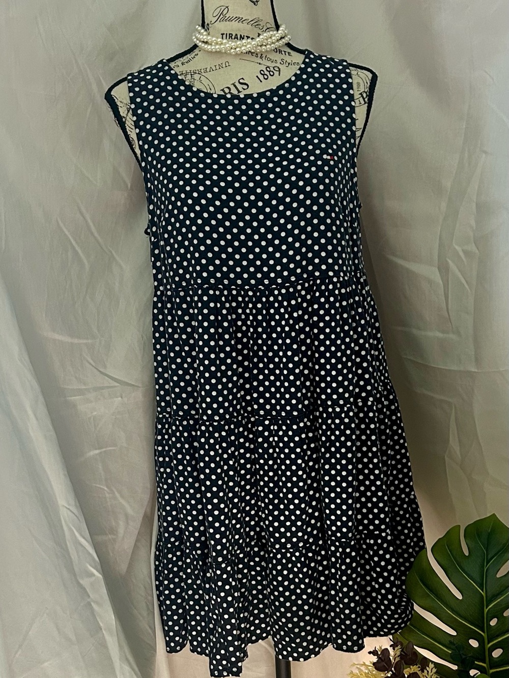 Tommy Hilfiger Navy and White Polka Dot Sleeveless Tiered Dress